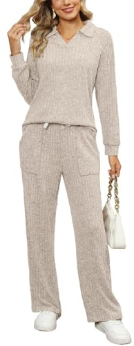 SotRong Damen Set Hose und Oberteil 2-teiliges Outfit Freizeitanzüge Gerippt Lounge-Set Damen-Trainingsanzug-Sets übergroße Langarm-Tops und Hose mit Weitem Bein mit Taschen Beige S