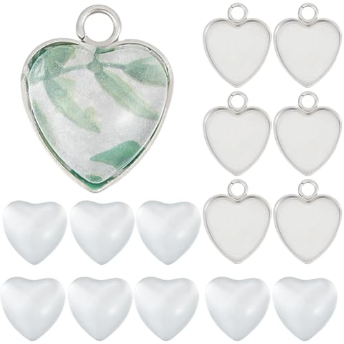 SUNNYCLUE 1 Box 120 Stück Leere Einfassungstabletts Leere Fotoanhänger Edelstahl Einfassungsrohlinge Erinnerungsfoto Anhänger Herz Anhänger Tablett Rohlinge Lünetten Cabochon Fassungen Für Blumenstrau