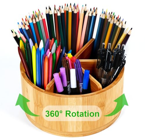 MUUKAIII 360° Drehbarer Schreibtisch Organizer aus Bambus, Stiftehalter Holz mit Griff, Tisch Organizer, 6 übergroße Fächer als Büro Organizer, Make up Organizer, Stiftehalter Kinder(Große Kapazität)
