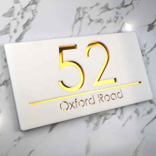 Letrero de número de casa personalizado, acrílico 3D, placa de dirección con nombre de calle, placa de número de casa para exteriores, números de casa, placas y letreros (blanco y dorado)