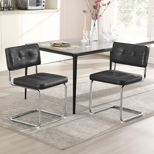 Zesthouse Black Faux Leather Dining Chairs Set of 2, Mid Century Modern Kitchen Chairs with Stainless Chrome Legs, Metal Cantilevered Chair for Kitchen & Dining Living Room, Armless Side Chair