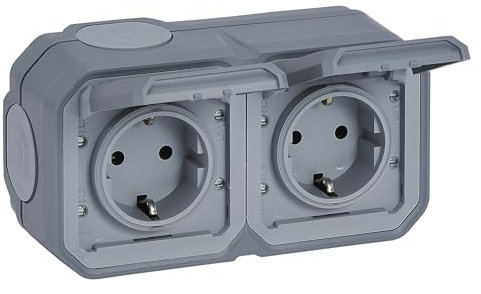 LEGRAND, Plexo New Feuchtraum-Steckdose, 2-fach, Schuko-Standard, inklusive Klappdeckel, Berührungsschutz, vorverdrahtet, Steckklemmen, horizontal, IP44 - IK07, Farbe: Grau, 069742L