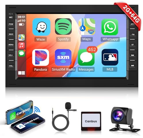 2G+64G Podofo 7'' Autoradio 2 Din für VW T5 Golf 4 Bora Polo MK5 Passat B5 Jetta Peugeot 307 Wireless Carplay Android Auto mit Bluetooth WiFi/Navi FM/RDS/Airplay+AHD Rückfahrkamera/CANBUS