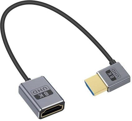 Duttek Cable de extensión HDTV a HDMI 8K de 1 pie/30 cm, 48 Gbps en ángulo izquierdo HDTv macho a hembra, cable extensor HDMI ultrafino OD2.5 mm, compatible con 8K @60Hz, 4K @240Hz, HDR dinámico,