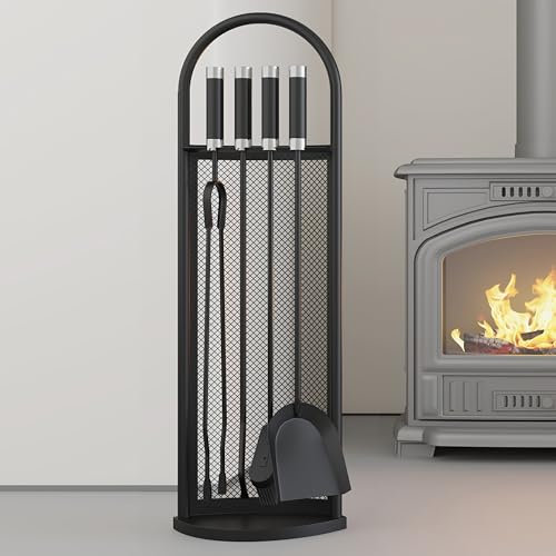 Kingson Kaminbesteck-Set 5-teilig, 22 x 16 x 66 cm, Kaminzubehör, komplettes Kaminwerkzeug-Set für effiziente Kaminwartung, Schwarz