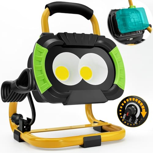 SYLSTAR Faro LED Ricaricabile AC/DC 50W, Super Luminoso Faretto a Batteria con Spina, Compatibile con Makita 18V Batterie, Dimmerabile con Supporto, Ideale per Cantiere e Esterni, Portatile,IP65