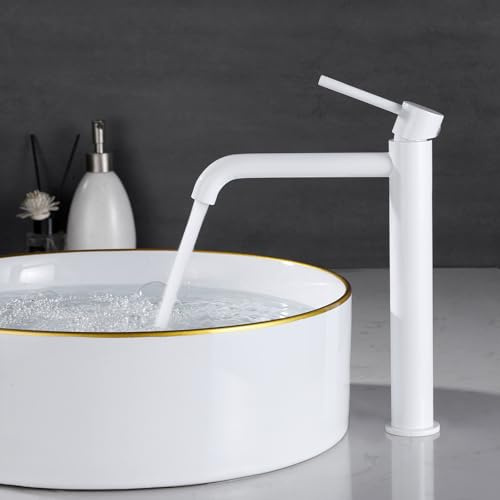 PHASAT Wasserhahn bad hoch, Waschtischarmatur für Waschbecken Weiß, Einhand Mischbatterie für Aufsatzwaschbecken, Waschbecken Armatur PTMP24W