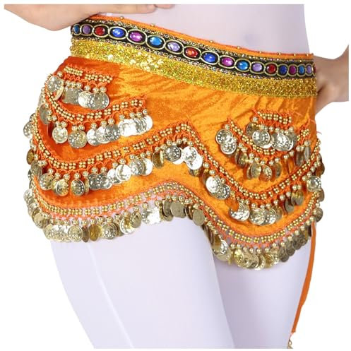 Damen Rock Bauchtanz Hüfttuch mit Münzen Bauchtanz Gürtel Hüfttuch Rock Münzen Gürtel Rock Bauchtanz Rock Kostüm Glitzer Fransen Pailletten Rock Hüftschal Karneval Fransen Rave (Orange, One Size)