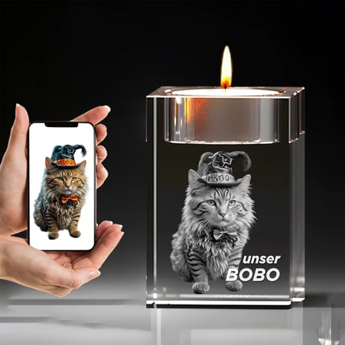 Gedenk Kristall 3D Foto Glas Kerze Katze - Personalisiertes Gedenkglas für Haustiere mit Wunschtext Gravur, Abschied nehmen Tiere Hund, Pferd, Hochwertige Lasergravur in Kristallglas Denkmal