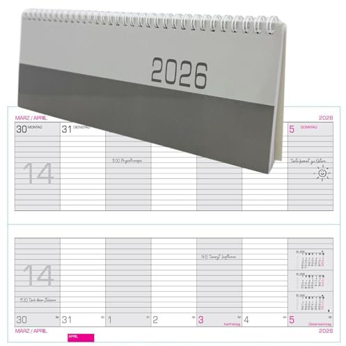 Tischkalender 2026 Tisch-Querkalender Schreibtischkalender Wochenansicht 1 Woche auf 2 Seiten 29 x 11 cm aufgeklappt knapp A4 Querformat
