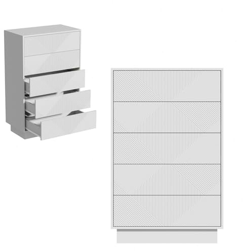 UEV Kommode mit 5 Schubladen, Kommodenschrank Sideboard schmal (Weiß) | Sideboard Schubladenschrank Push to Open, Mehrzweckschrank für Wohnzimmer Schlafzimmer Flur Büro 60x33,5x94cm