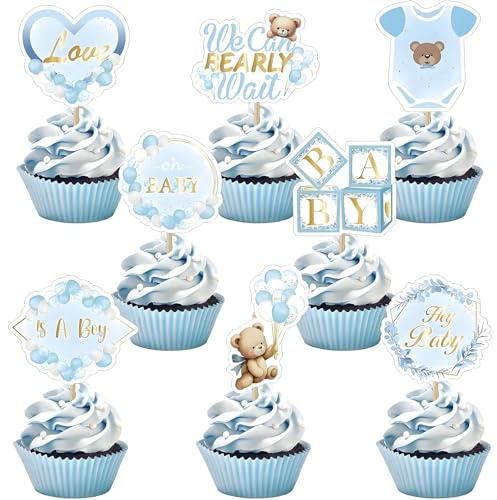 48 Stück Baby Shower Deko, Gender Reveal Party Deko, Babyparty Deko Mädchen und Junge, Blau Bär Cupcake Topper, Baby Party Dekoration, Boy KuchenDeko, für Taufe, Babyparty (Blau)