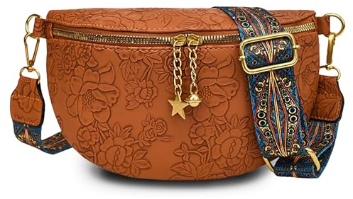CWENDANER Vegane Umhängetasche aus PU-Leder Hüfttasche und Hobo Tasche, Verstellbarer bunter Bestickter Schultergurt,Geburtstagsgeschenk für Frauen