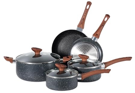 BARGAIN FACTORY Non-Stick Pots and Pans Set 8 Pieces, Cookware Set, Induction Compatible, Glass Lids, Wood-Look Handles, Cooking Marble Grey
