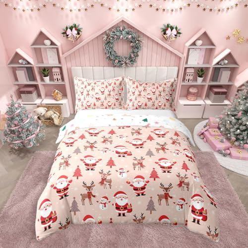 Homemissing Hiver Enfants Housse de Couette 220x240cm Père Noël Linge Parure de Lit pour garçons Filles Arbre de Noël cerf décor Ensemble de Literie Flocon de Neige Housse de Couette