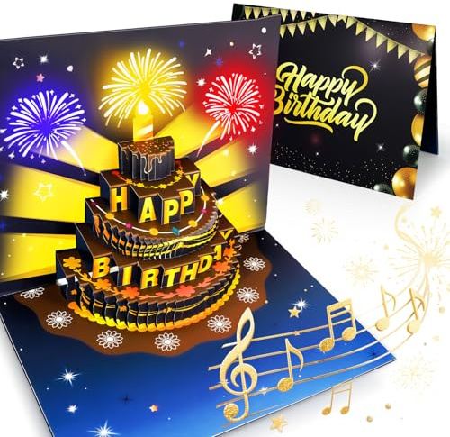 Biglietto di Auguri di Compleanno con Musica e Luci, Biglietto Pop Up 3D con Torta e Candela LED da Soffiare, Suona Tanti Auguri, Regalo per Lei e Lui