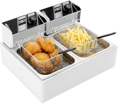 Friteuse Acier Inoxydable Double Bac, 2 Thermostats Indépendants 6L Chaque, Paniers Amovibles Compatibles Lave Vaisselle, Filtre Anti-Odeur, Protection Contre Surchauffe, 55 * 44 * 15cm