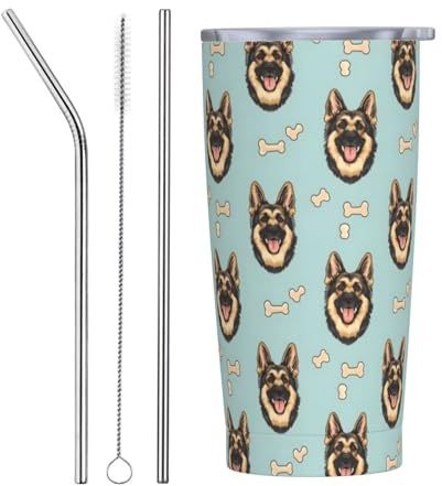 Vaso aislado de acero inoxidable con tapa y popote, con estampado de cara de pastor alemán, vasos de acero inoxidable, taza de café personalizada, botella de agua
