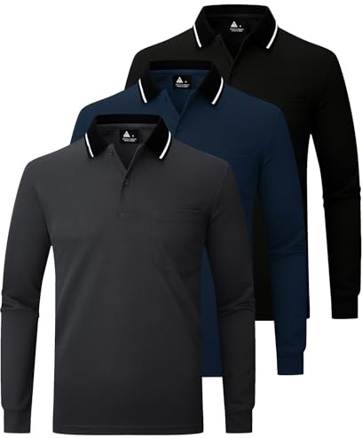 JACKETOWN Lot de 3 Polo pour Homme à Manches Longues Polo de Golf Travail avec Boutons Polos Chemise Respirants Décontractés T Shirts à Poche,Noir Gris Foncé Bleu Marine,L