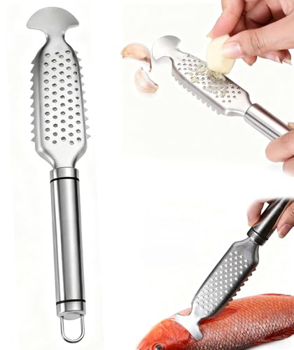 AzureRay Squamatore Pesce Professionale 3 in 1 in Acciaio Inox - Raschietto per Pesci in Acciaio Inox Combina Grattugia Aglio/Zenzero e Squamatore, per Salmone, Trota e Pesci Grandi