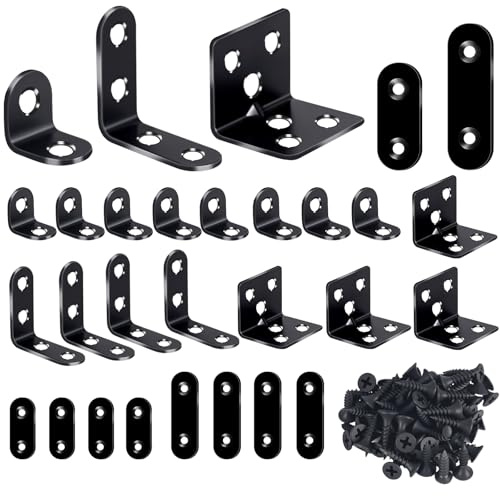 KKABBVX 24PCS Stainless Steel L Brackets, Heavy Duty Corner Braces for Wood Furniture & Shelves, 5-Size Black Metal Angle Brackets with Screws(0.79/1.2/1.4/1.57/1.97inch)