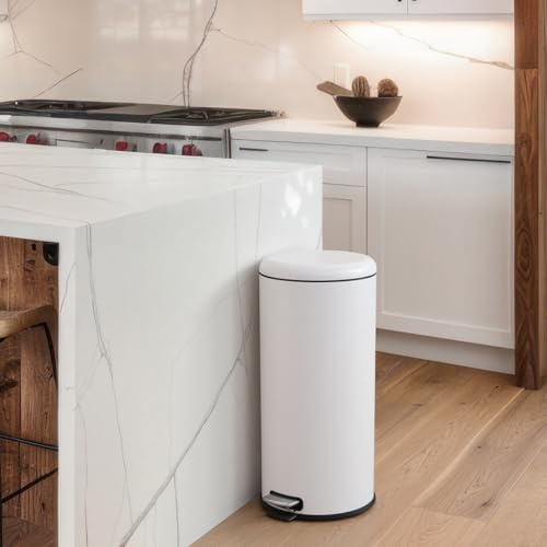 Panana 30L Round Trash Can Kitchen Waste Rubbish Garbage, Pedal Step Garbage Can & Recycle Bin with Removable Inner Buckets (White, Round 30L)