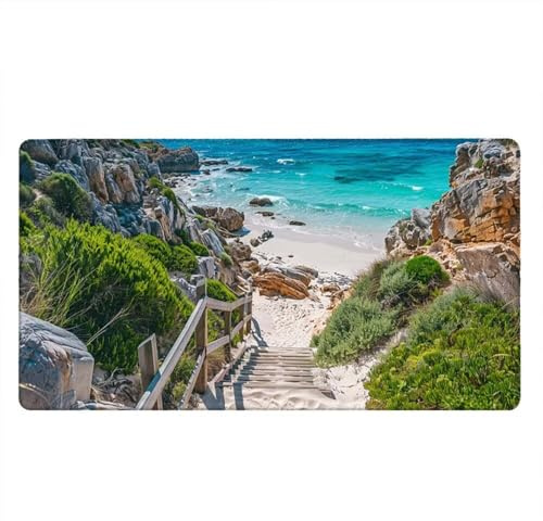 Tapis de Souris Gamer, 1000x500mm Tapis de Souris XXL Gaming Grand, Clavier Lavable Desk Mat Bureau Caoutchouc Antidérapant Étanche, Bords Cousus, Gamer Ordinateur PC, Steps Plage De Sable xR5-780