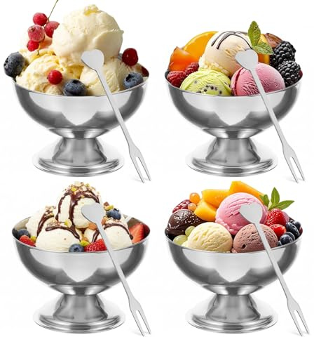 4 stycken glassbägare i rostfritt stål – Ø 10 cm 200 ml rostfritt stål dessertglas med gaffel, Ice Cream Sundae dessertskålar, cocktailglas med fot för frukt sallad, yoghurt och fruktpudding, för