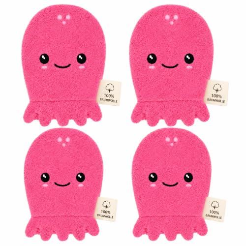 4er Set Waschlappen 100% Baumwolle, Kinder, Erwachsene Oktopus 21 cm Waschhandschuh, weiche Flanell Lappen in Krakenform, Blau und Pink, Waschlappen für Kinder Bad Gesicht Körperpflege Geschenk (Pink)