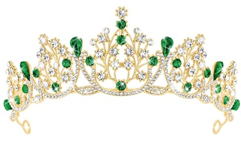 Couronne De Princesse, Couronne Reine, Strass Cristal Diademe Femme, Bijoux Cheveux Mariage Doré, Pour Anniversaires, Bals Et Fêtes Princesse, Vert