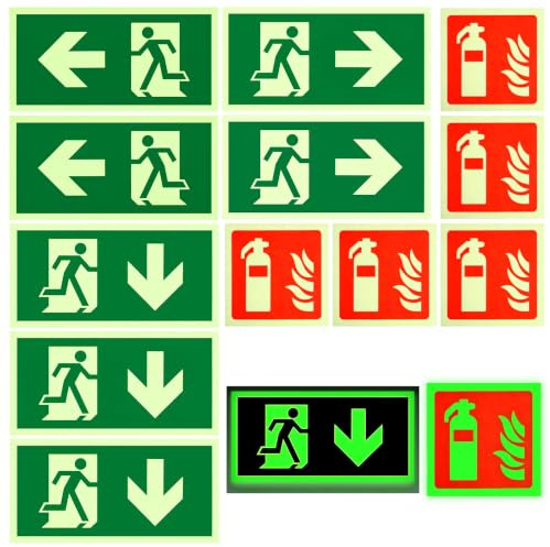 12 Piezas Señal Extintor & Salida de Emergencia,Bajo PVC Adhesivo Resistente,Homologado Luminiscente,5×Señal Extintor (15×15 cm)+7×Salida de Emergencia (30×15 cm)