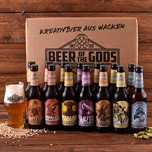 WACKEN BRAUEREI Craft Beer Box 16 x 0,33 l versch. Sorten + Bierglas | Beer of The Gods, Viking Craftbeer Set, Gift for Men, Wikinger Kraft Bier, Geschenk für Männer, Party, Festival, Heavy Metal
