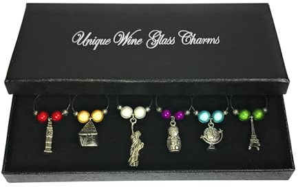 Libby's Market Place Set of 6 Around the World Wine Glass Charms with Gift Box