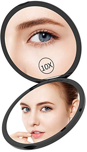 Gospire Tragbarer Taschenspiegel 4 Zoll Ultra Dünn Kompaktspiegel Rund Doppelseitiger mit 1x/10x Vergrößerung Klappbarer Kleiner Schminkspiegel für Einkaufen, Reise Schwarz