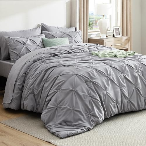 Bedsure King Size Comforter Set Grey - Bed in a Bag Bedding Set 7 Pieces, GentleSoft™ Pintuck Bed Set Gift for Family, All Season Down Alternative Comforter with Sheets, Pillowcases & Shams