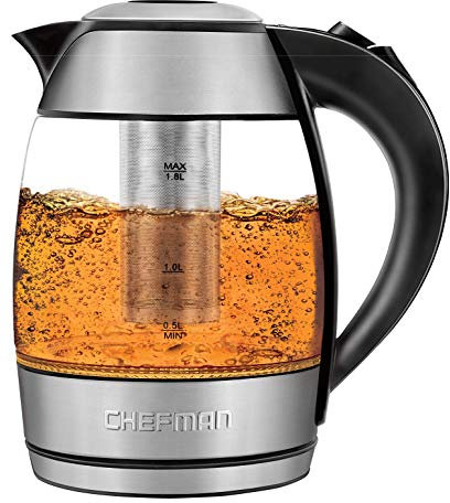 Chefman Electric Glass Kettle with Tea Infuser, 1.8L, Fast-Boiling Water Heater w/ Auto Shut-off & Boil-dry Protection, Cordless Pouring, BPA-Free, Stainless Steel
