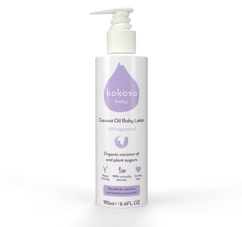 Kokoso Baby - Coconut Oil Baby Lotion, Unfragranced - Organic Coconut Oil & Sweet Almond Oil - Moisturises & Nourishes - Suitable for Dry, Sensitive & Eczema Prone Skin - 190ml