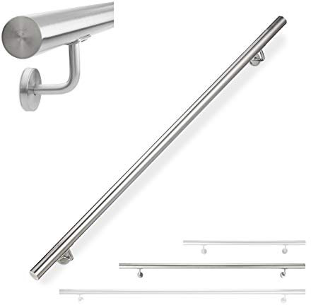 Relaxdays Corrimano, Acciaio Inox 304, Passamano per Ambienti Interni e Esterni, 150 cm, Ø 42 mm, con Supporto, Argento