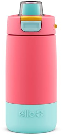 Ello Kids Colby 12oz Stainless Steel Insulated Water Bottle with Straw and Built-In Silicone Coaster Carrying Handle and Leak-Proof Locking Lid for School Backpack, Lunchbox, and Outdoor Sports, Coral