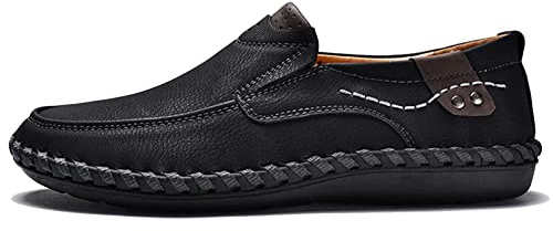 Herrloafers platta lädertofflor lediga slip-on skor andningsbara mockasin handsydda promenadskor, Ren svart, 42 EU