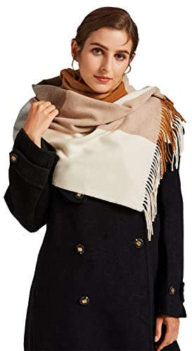 VaneriHome Damen Schal Wolle mit klassisches Karo Design und Quaste Winter dicke Deckenschal 70 x 190 cm