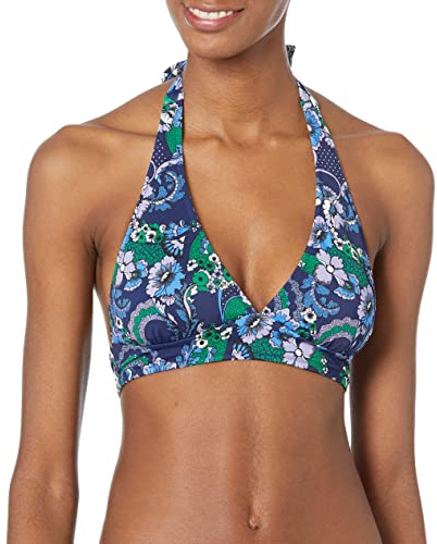 Amazon Essentials kvinnors lätt stöd slips halter bikini baddräkt topp (finns i plusstorlek), djupblå paisley, X-Small