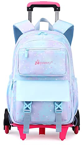 Tanou Rucksack mit Rollen, Leichte Schulrucksack zum Rollen für Mädchen 1-5.Klasse, Kinder Trolley Schulranzen, 16 Zoll, Blau Stern