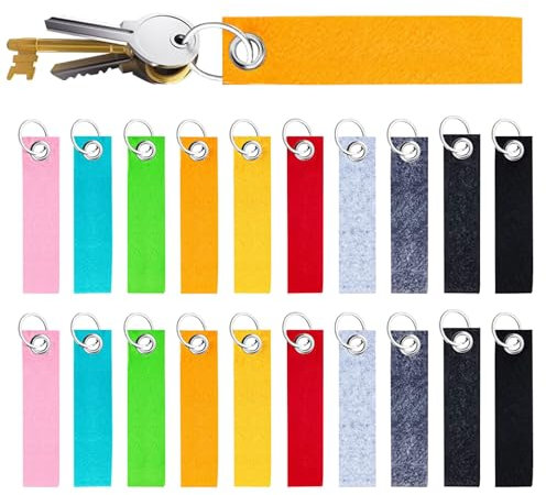 20 Stück Schlüsselanhänger Filz, Personalisiert Schlüsselanhänger Beschriftbar Bunt Schlüsselanhänger Stoff Diy Filz Schlüsselanhänger Rohlinge für Motorrad Auto Fahrrad Taschen Basteln, 13 x 3 cm