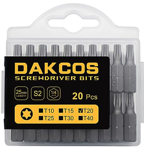DAKCOS Juego de puntas de destornillador de estrella Torx de T20 de 20pc | acero S2 longitud de 25mm