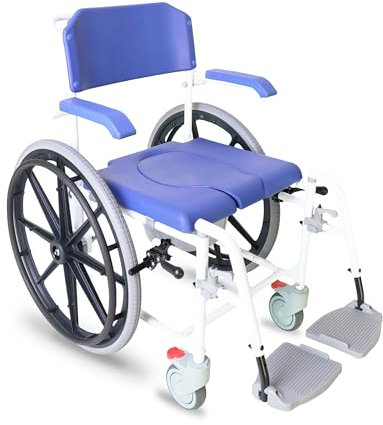 KMINA Sedia a Rotelle per Doccia e WC, Carrozzina Disabili con Ruote Autospinta, Sedia Comoda per Anziani, per Bagno, Blu - KMINA PRO
