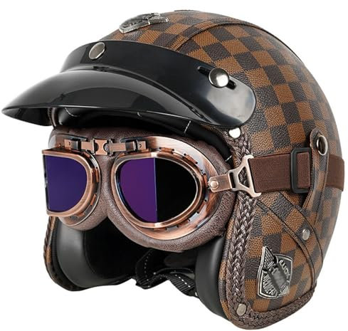 Leder-Jethelm Vintage-Motorradhelm Open Face Leder-Helm Winter Winddichter Motorrad Roller Helm, Mit Brille, ECE Genehmigt Jethelm Für Damen Und Herren I,L