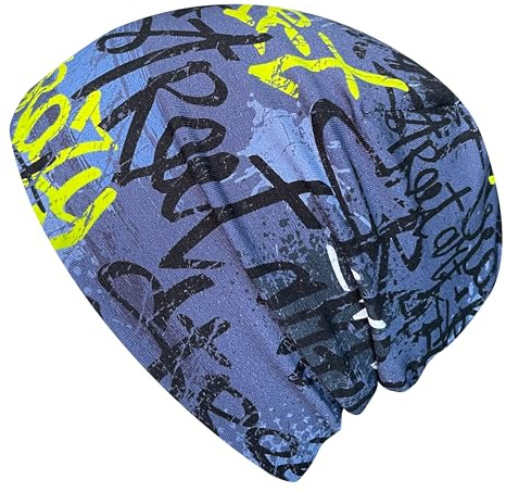 Ullkycklingar pojkar/flickor Shorties beanie/beanie-mössa/stickad mössa/barnmössa, bekväm, många motiv, jersey, tvåskiktsfodrad, övergångsperioder (ekologiskt tyg/bio) 202401, Skater grå/lime, 52-54
