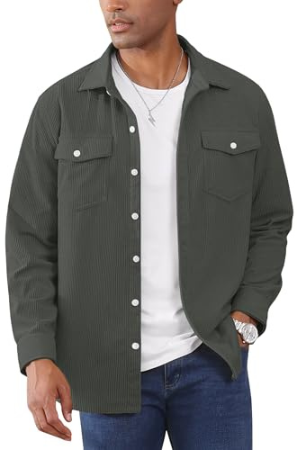 EKLENTSON Men's Corduroy Shirt Jacket Long Sleeve Shacket | Lumberjack Shacket,Work Casual Button-down Shirt Jacket,Lightweight 2 Flap Pockets Polyester Trucker Autumn Jacket