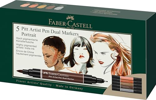 FABER-CASTELL 162009 - Tuschpennor Pitt Artist Pen Dual, 5 markeringspennor med två spetsar – penselspets och fiberspets - Filtspennset Portrait